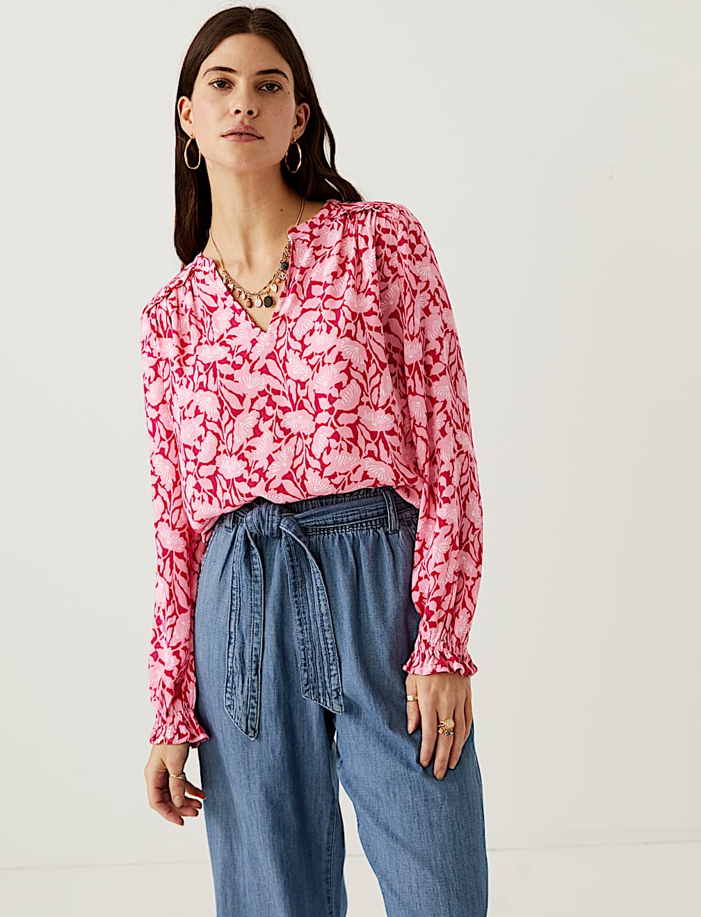 Floral Notch Neck Popover Blouse