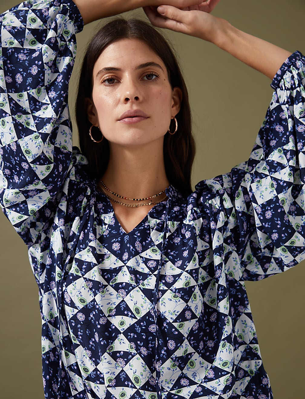 Geometric Tie Neck Puff Sleeve Blouse