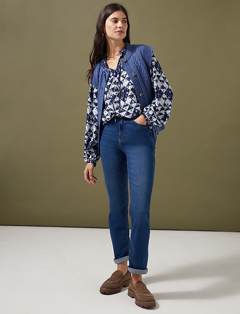 Geometric Tie Neck Puff Sleeve Blouse