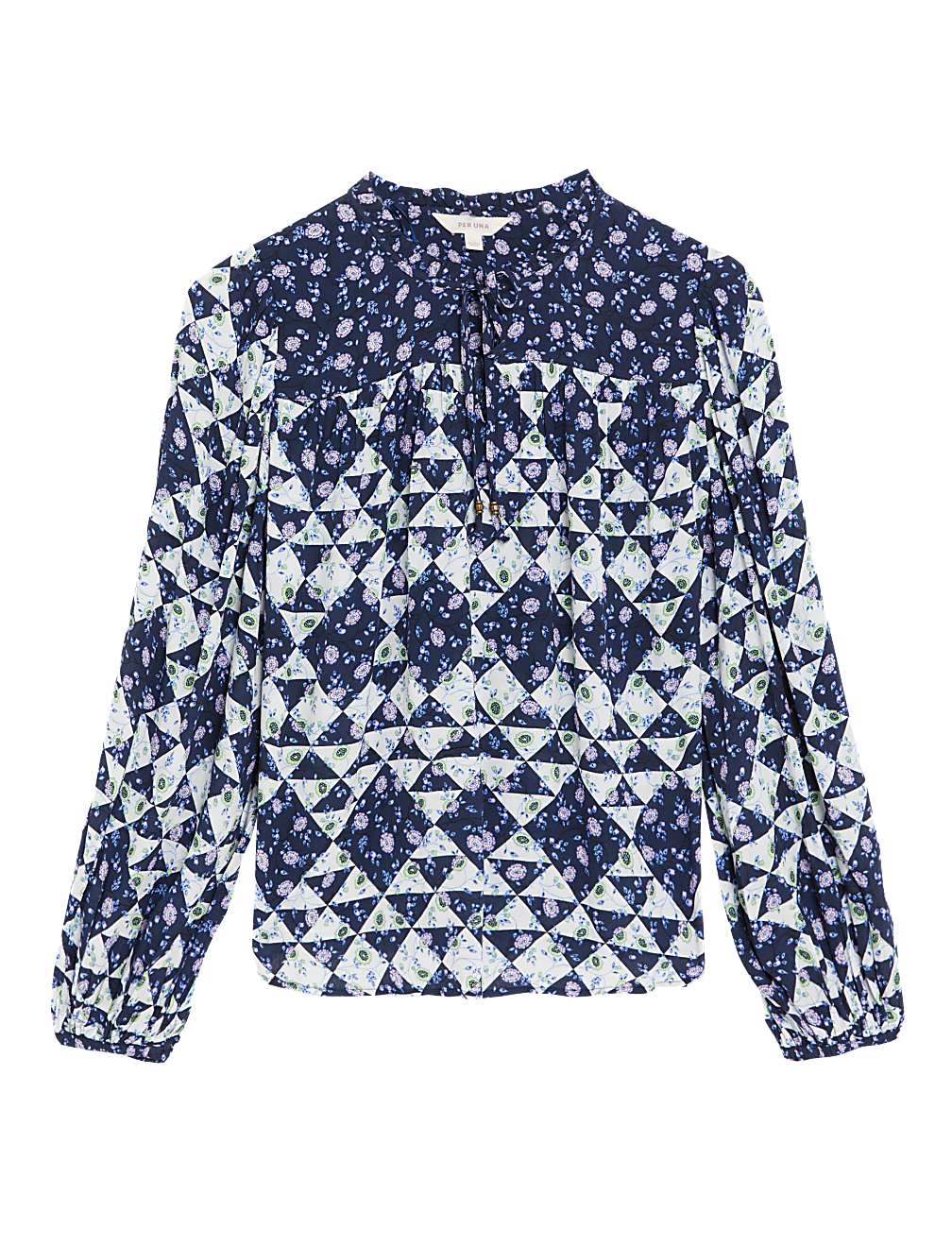 Geometric Tie Neck Puff Sleeve Blouse