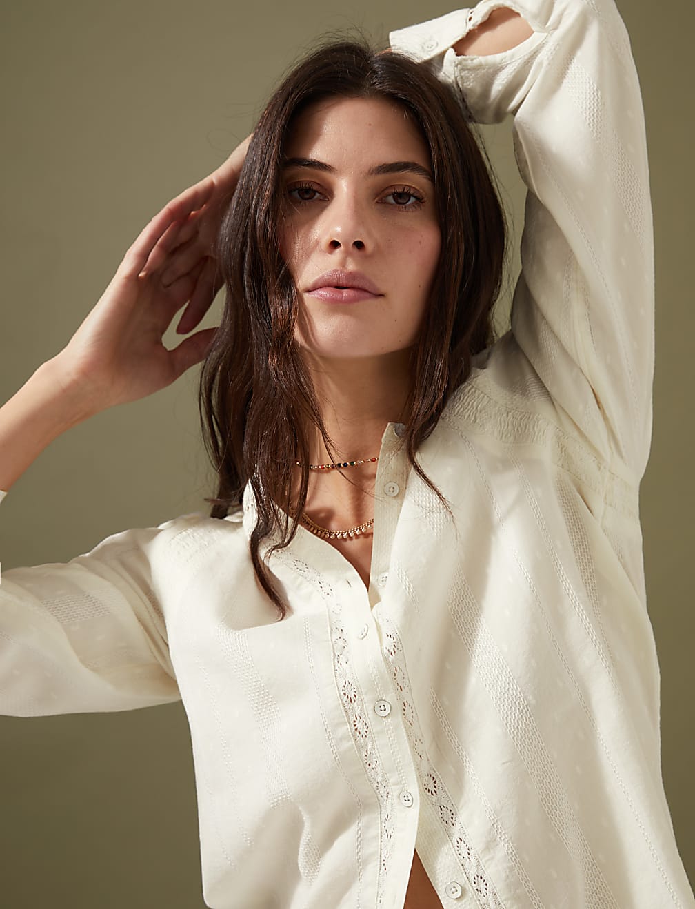 Cotton Blend Textured Lace Insert Blouse