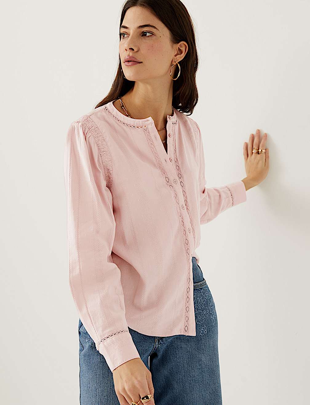 Cotton Blend Textured Lace Insert Blouse