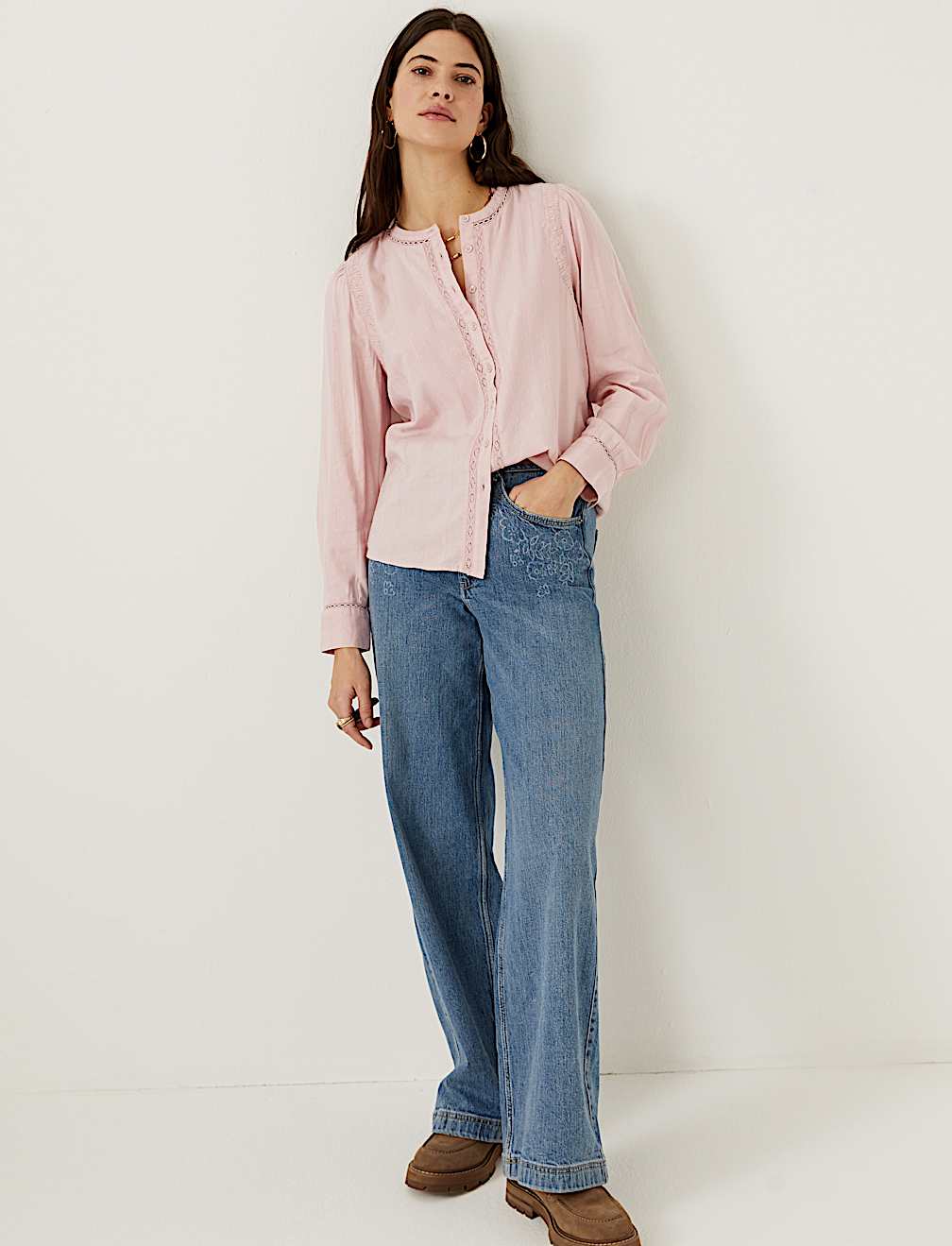 Cotton Blend Textured Lace Insert Blouse