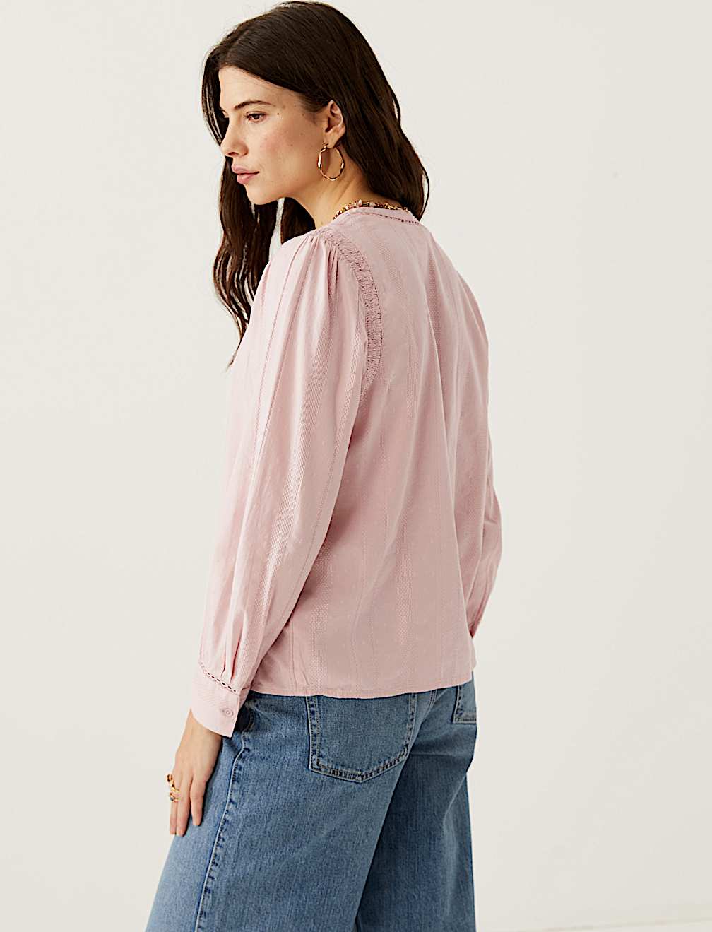 Cotton Blend Textured Lace Insert Blouse