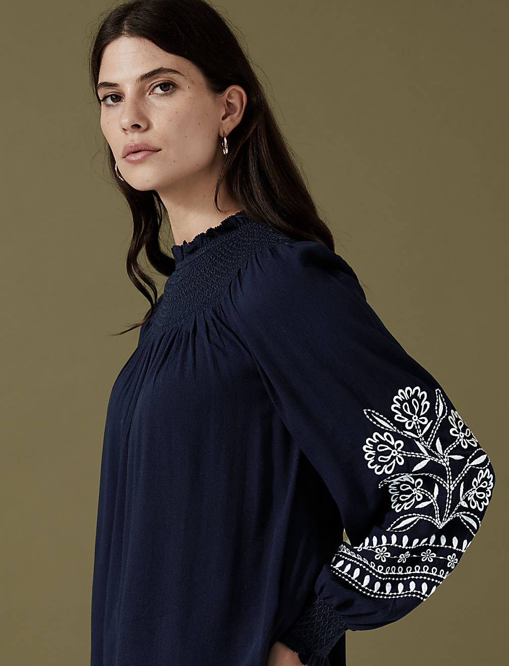 Embroidered Funnel Neck Blouse