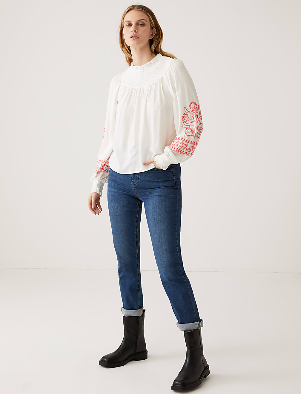 Embroidered Funnel Neck Blouse