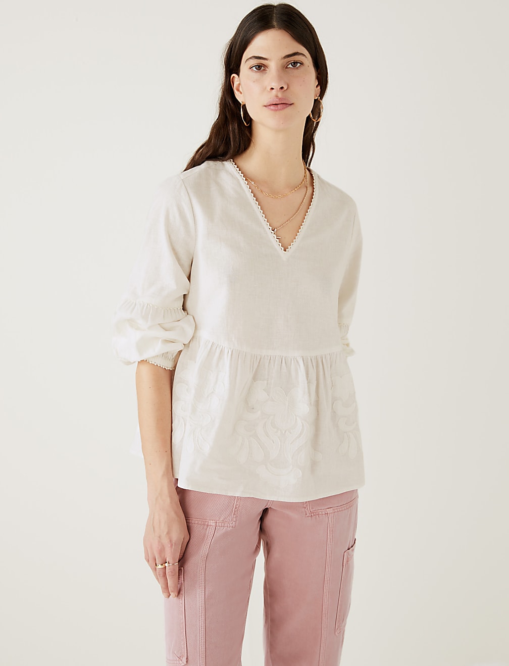 Linen Rich Embroidered V-Neck Blouse