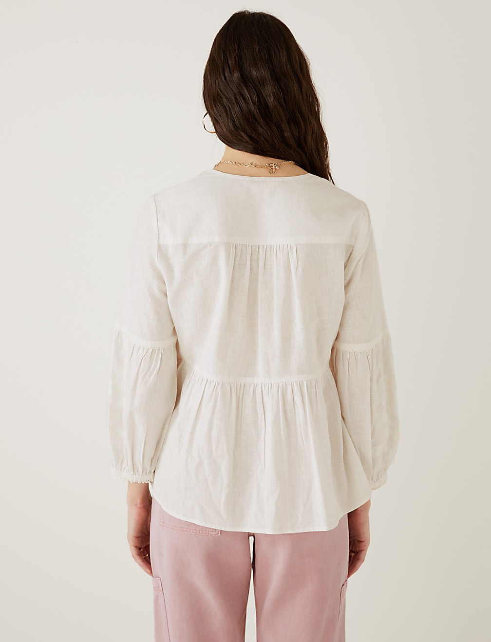 Linen Rich Embroidered V-Neck Blouse