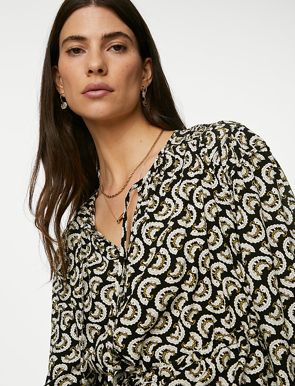 Printed Shirred Tie Neck Blouse