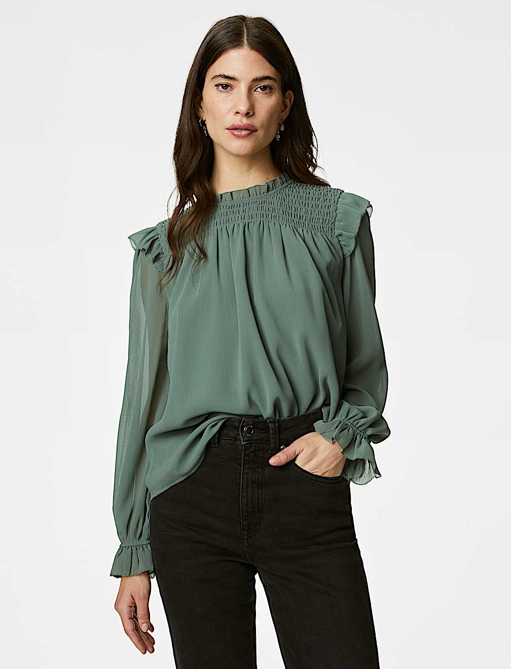 Shirred High Neck Frill Detail Blouse