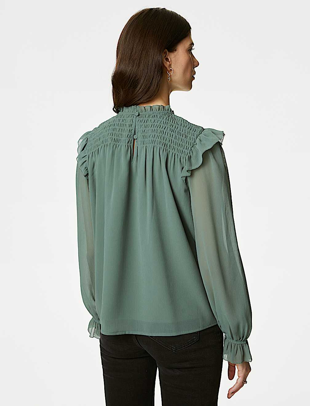 Shirred High Neck Frill Detail Blouse