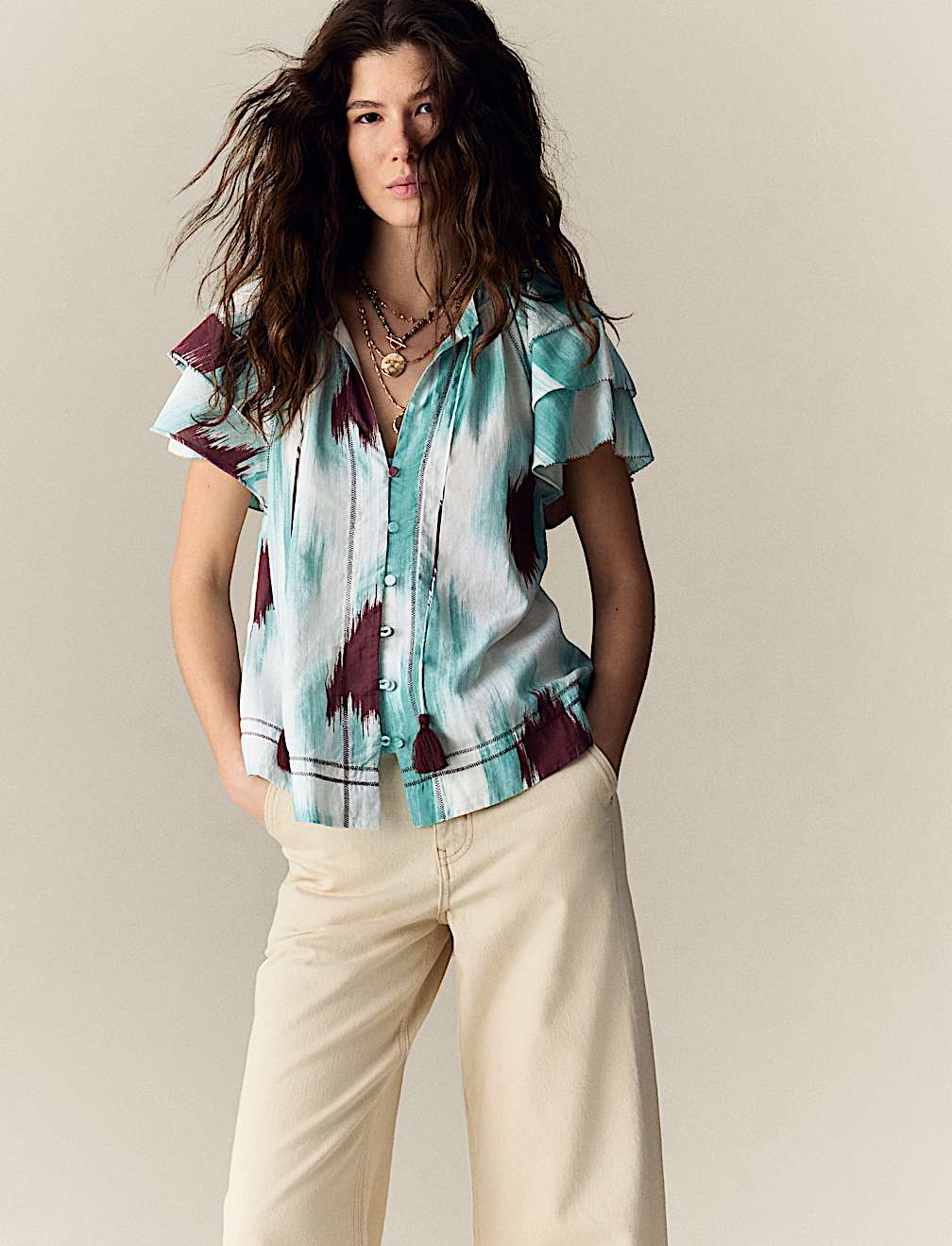 Cotton Rich Printed Tie Neck Frill Detail Top