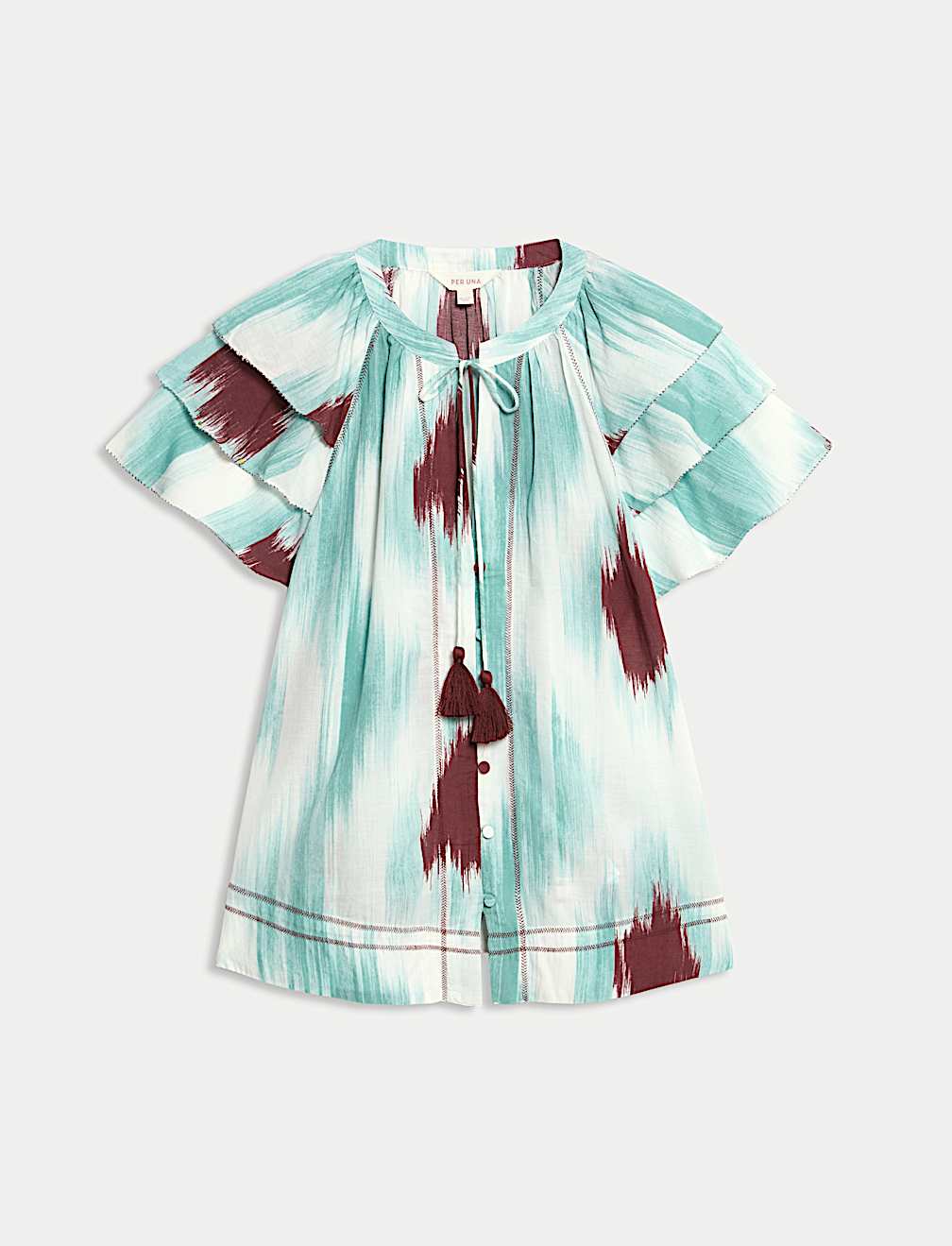 Cotton Rich Printed Tie Neck Frill Detail Top