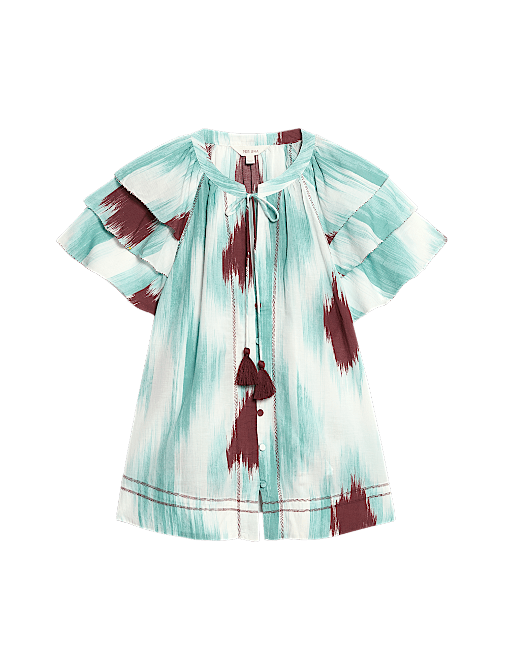 Cotton Rich Printed Tie Neck Frill Detail Top