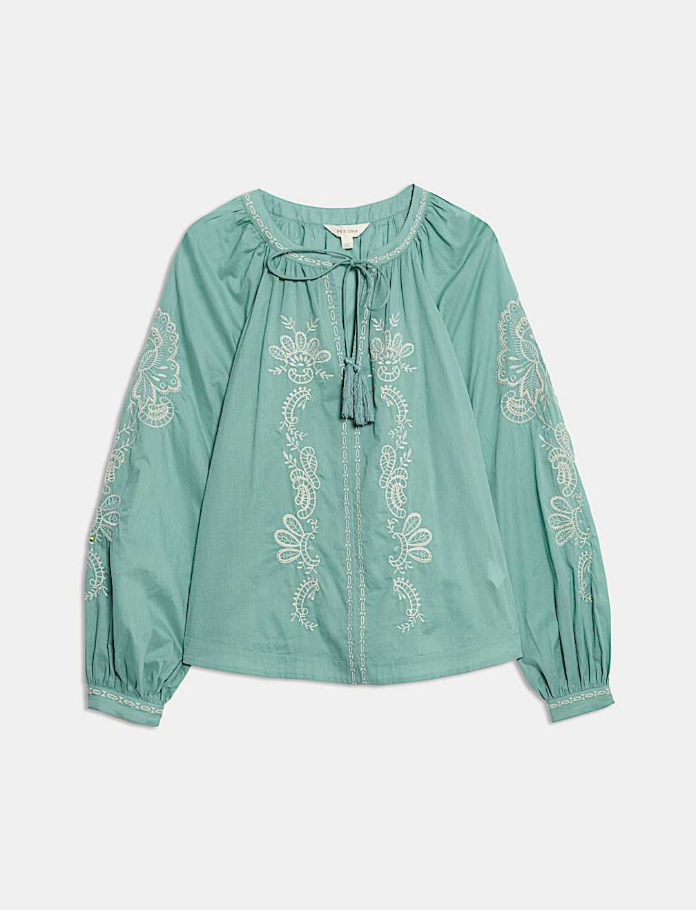Pure Cotton Embroidered Tie Neck Oversized Blouse