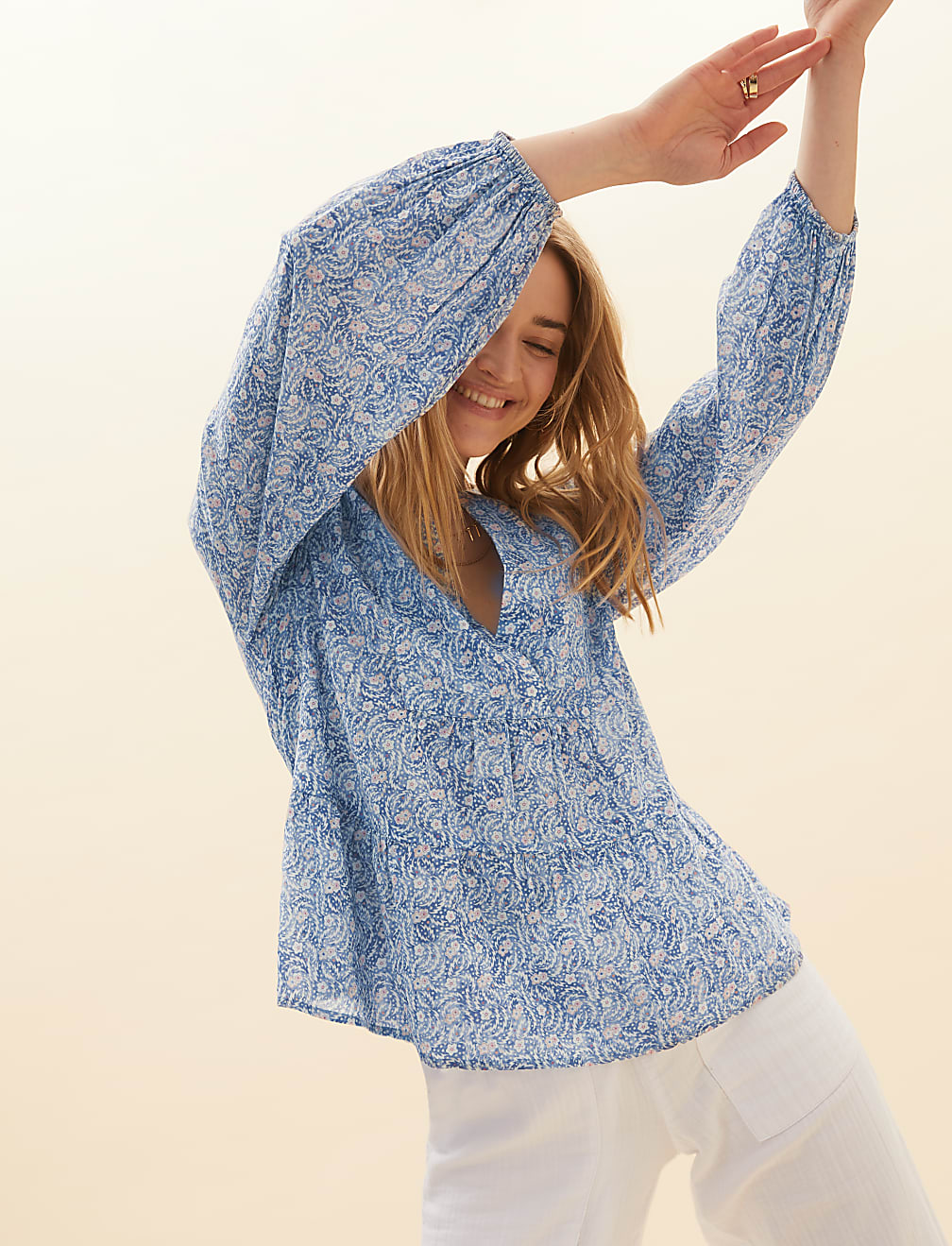 Pure Cotton Floral Blouson Sleeve Blouse