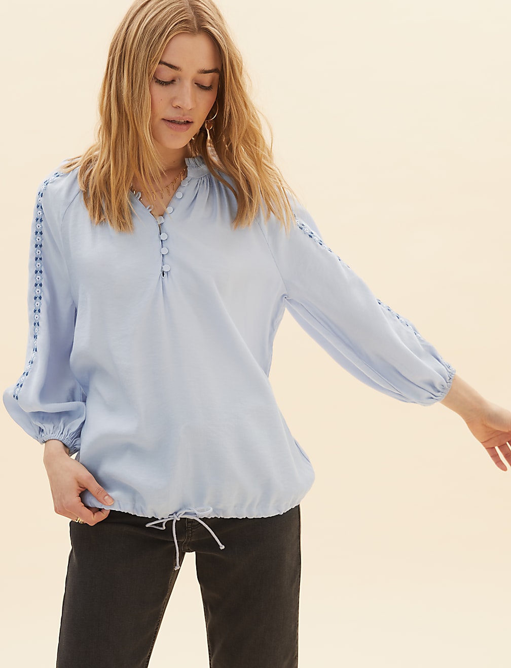 Embroidered Relaxed Blouson Sleeve Blouse