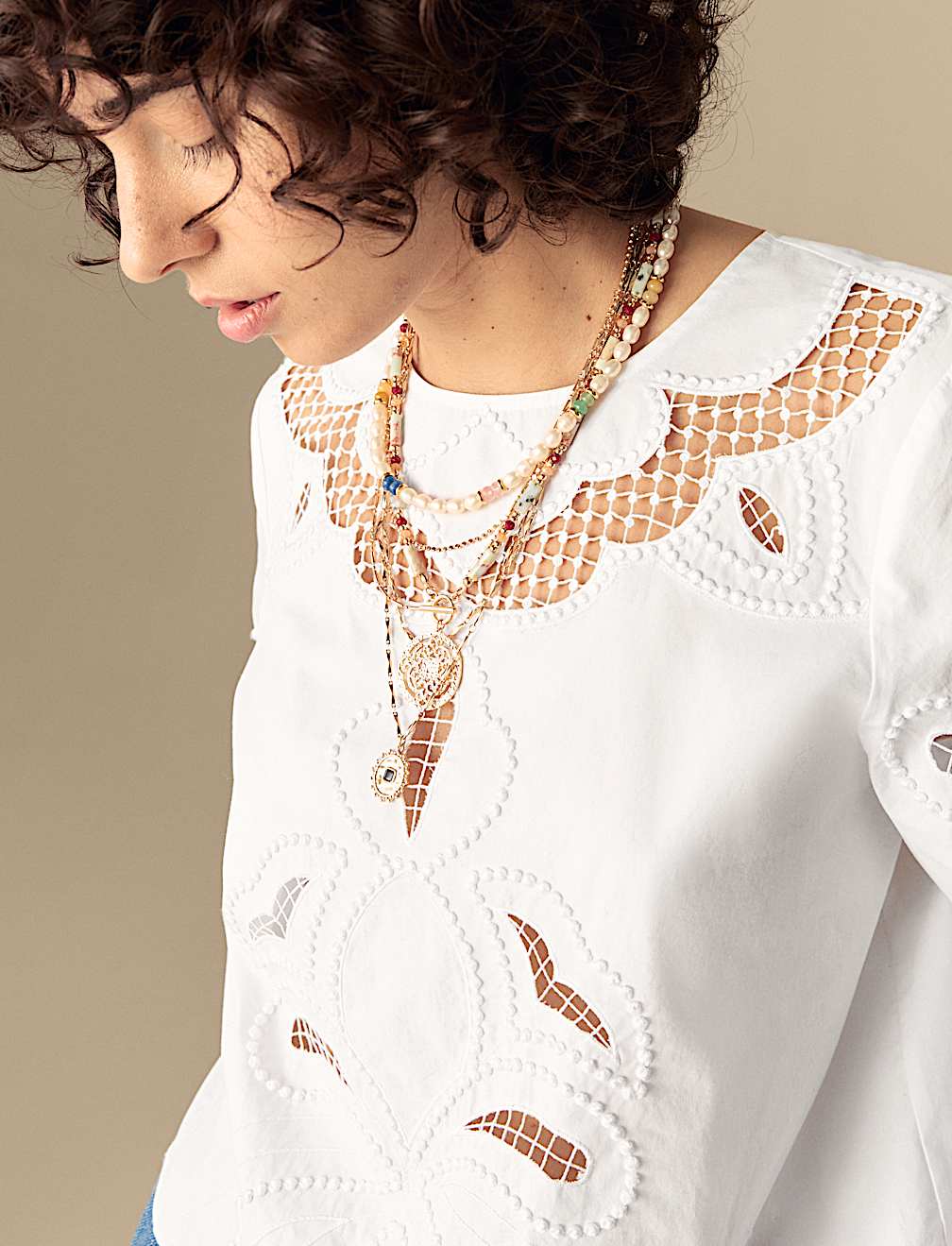 Pure Cotton Embroidered Crew Neck Blouse