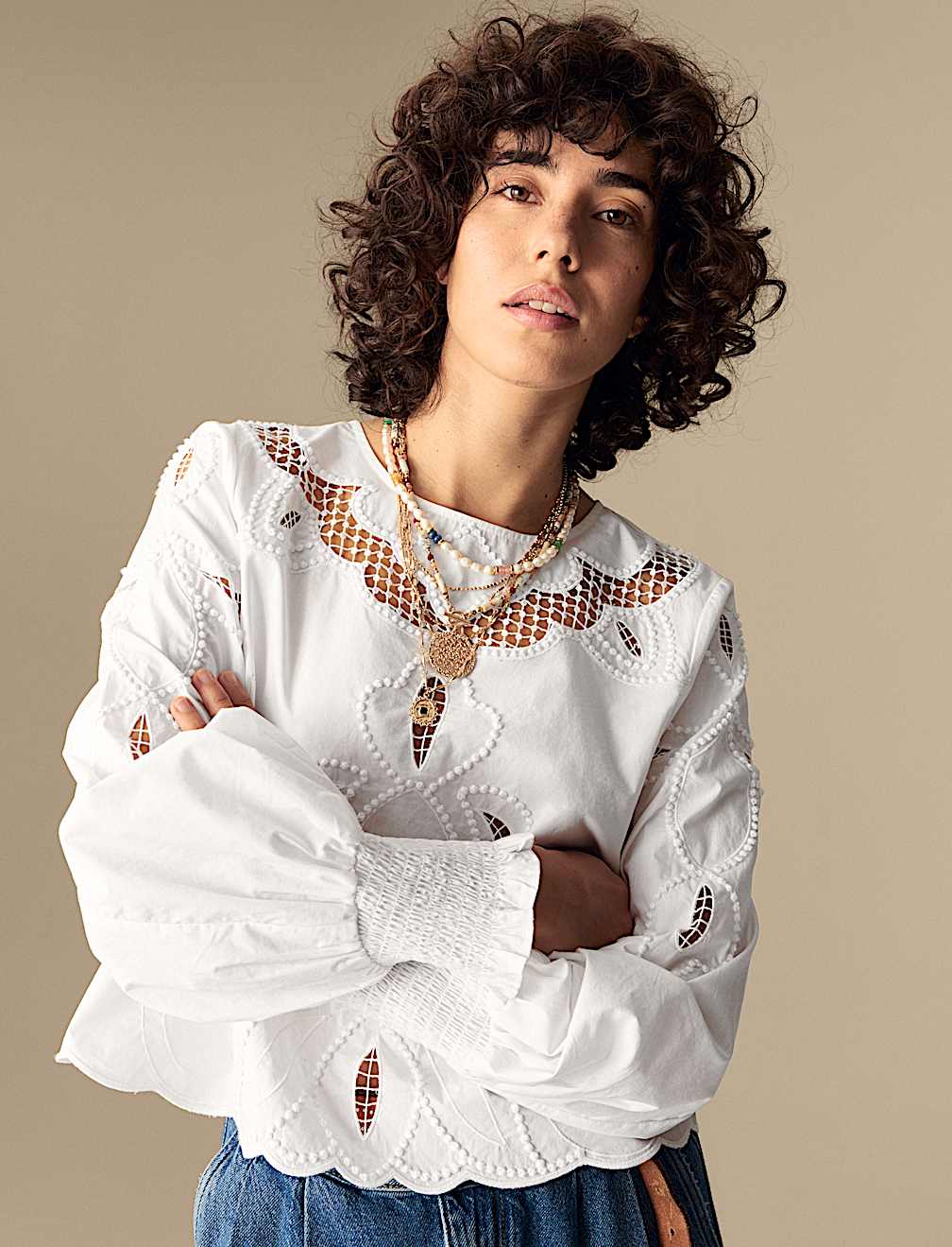 Pure Cotton Embroidered Crew Neck Blouse