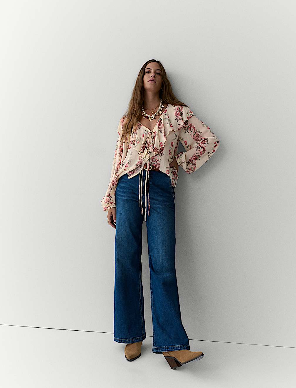 Printed Tie Neck Ruffle Blouse