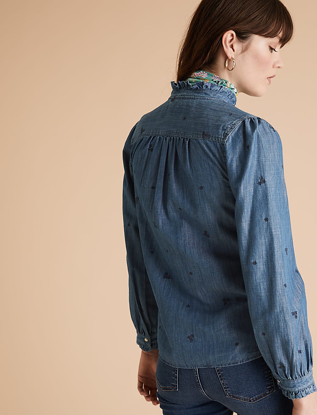 Tencel™ Denim Embroidered Ruffle Blouse