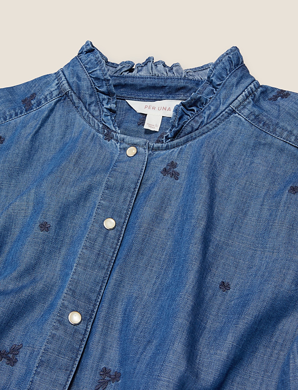 Tencel™ Denim Embroidered Ruffle Blouse