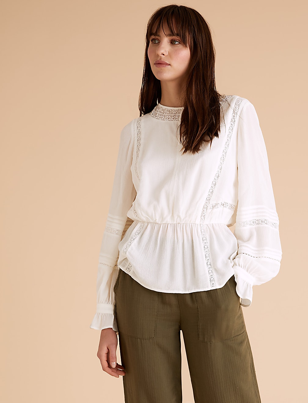 Modal Blend Lace Insert Waisted Blouse