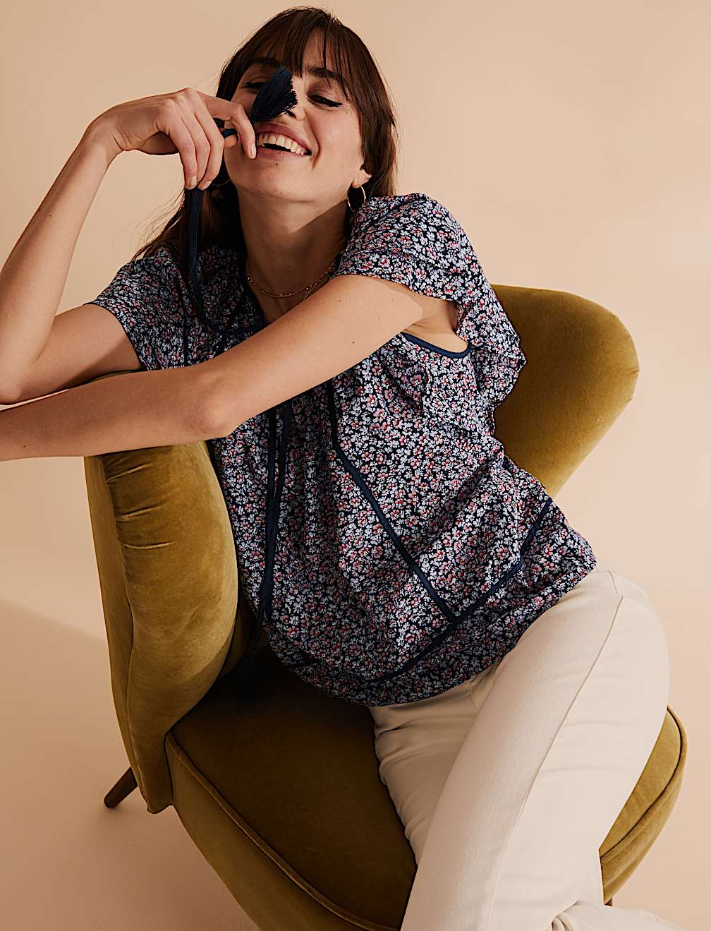 Pure Cotton Floral Tie Front Top