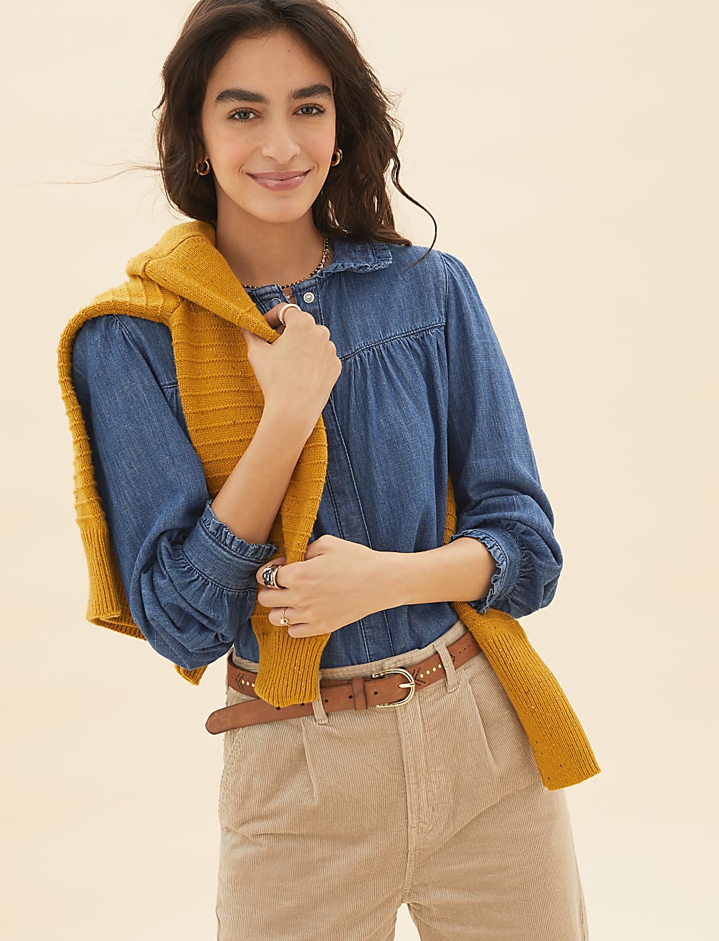 Denim Collared Blouson Sleeve Blouse