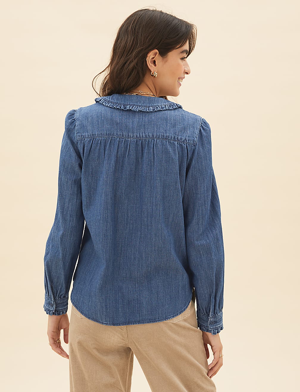 Denim Collared Blouson Sleeve Blouse