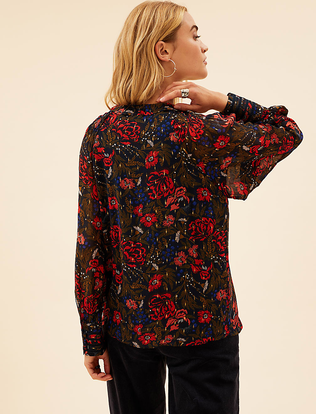 Floral Tie Neck Ruffle Long Sleeve Blouse