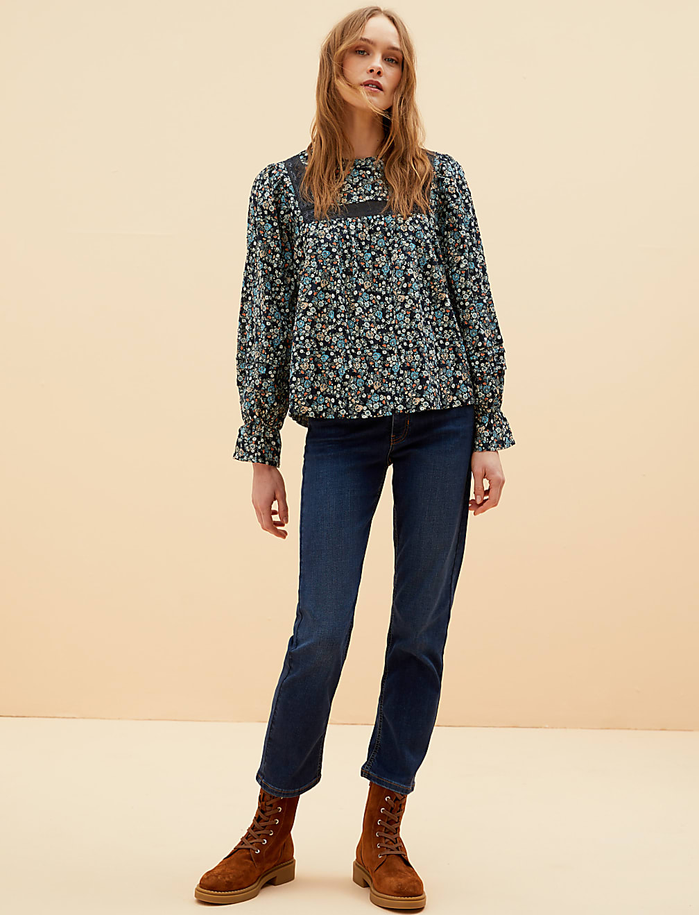 Pure Cotton Floral Lace Insert Blouse