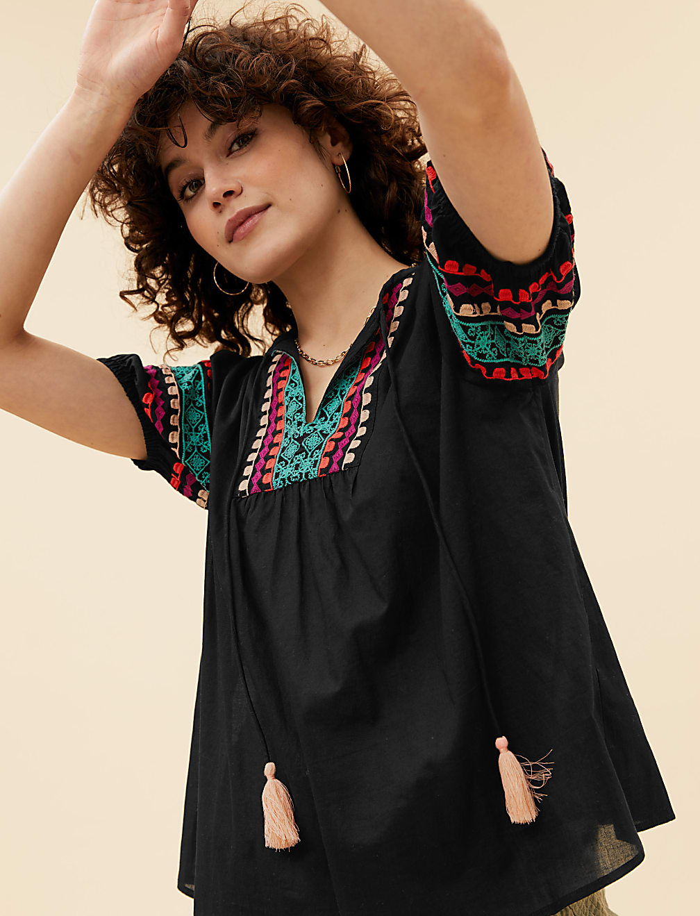 Pure Cotton Embroidered Short Sleeve Blouse
