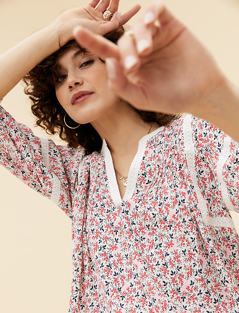 Floral Notch Neck 3/4 Sleeve Popover Blouse