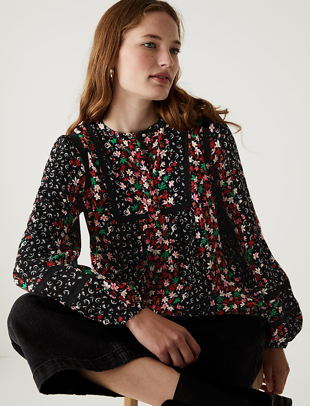 Floral Lace Insert Puff Sleeve Blouse