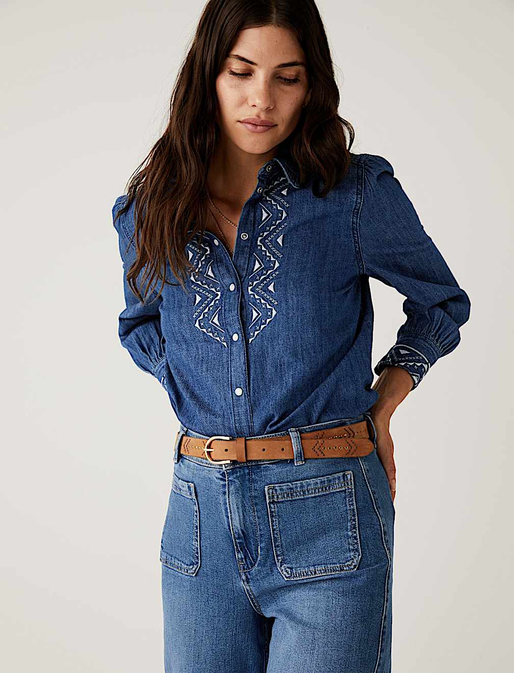 Denim Embroidered Long Sleeve Shirt