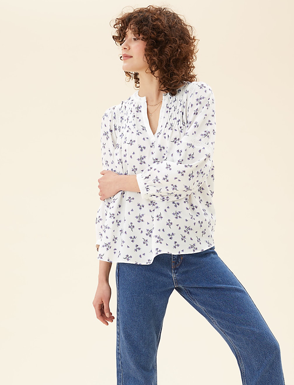 Floral V-Neck 3/4 Sleeve Popover Blouse