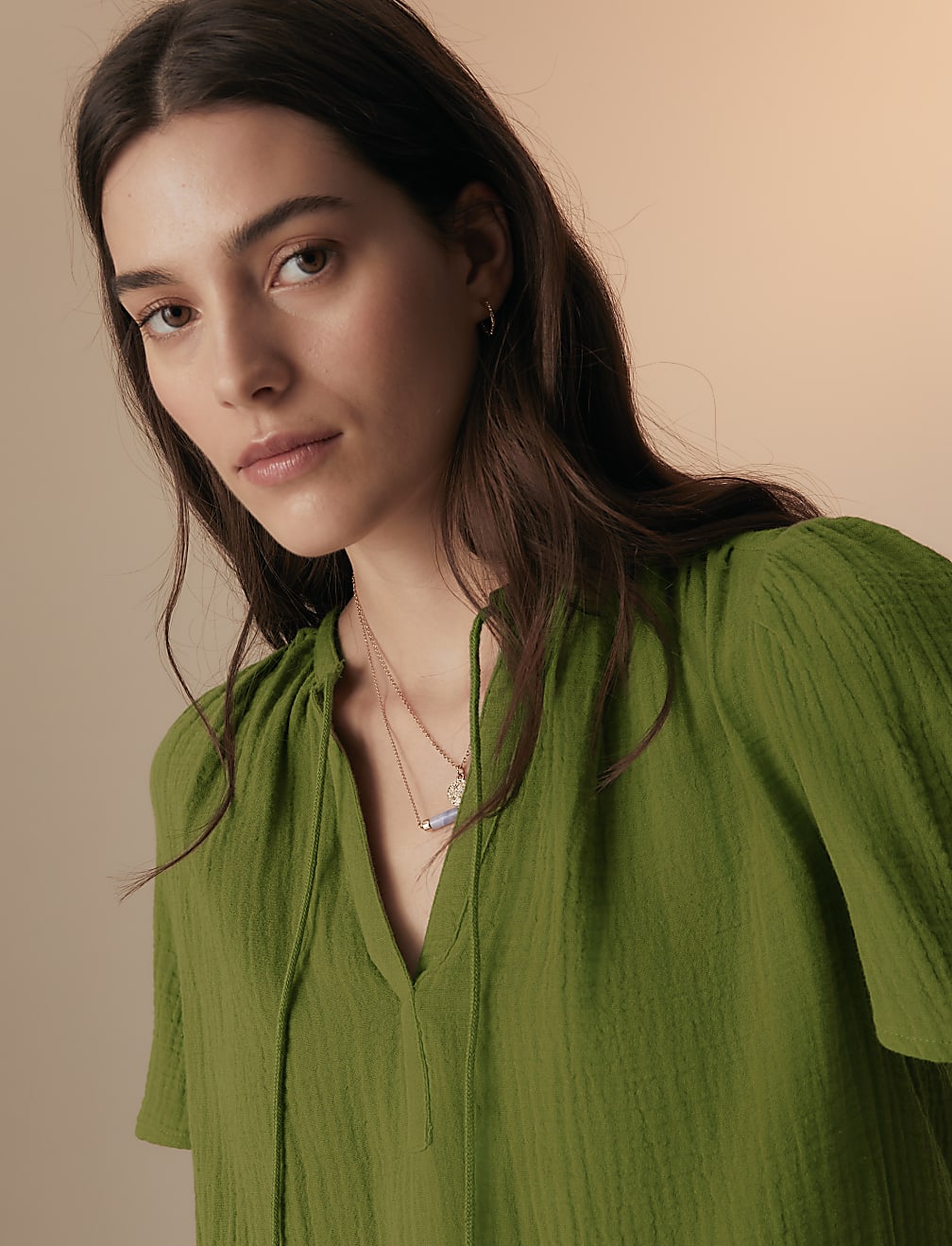 Pure Cotton Textured Tie Neck Blouse