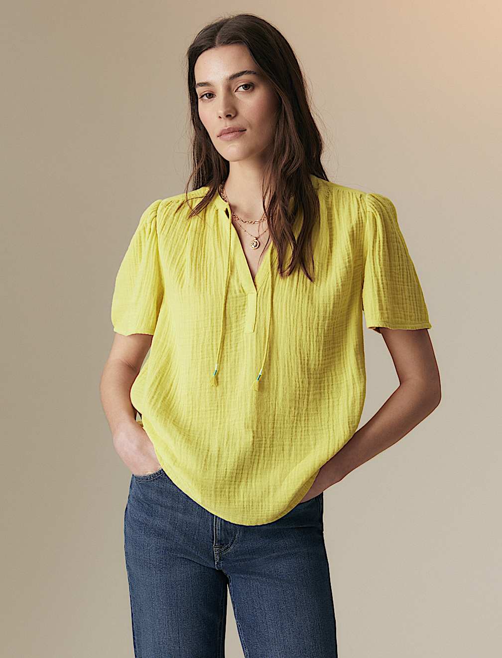 Pure Cotton Textured Tie Neck Blouse