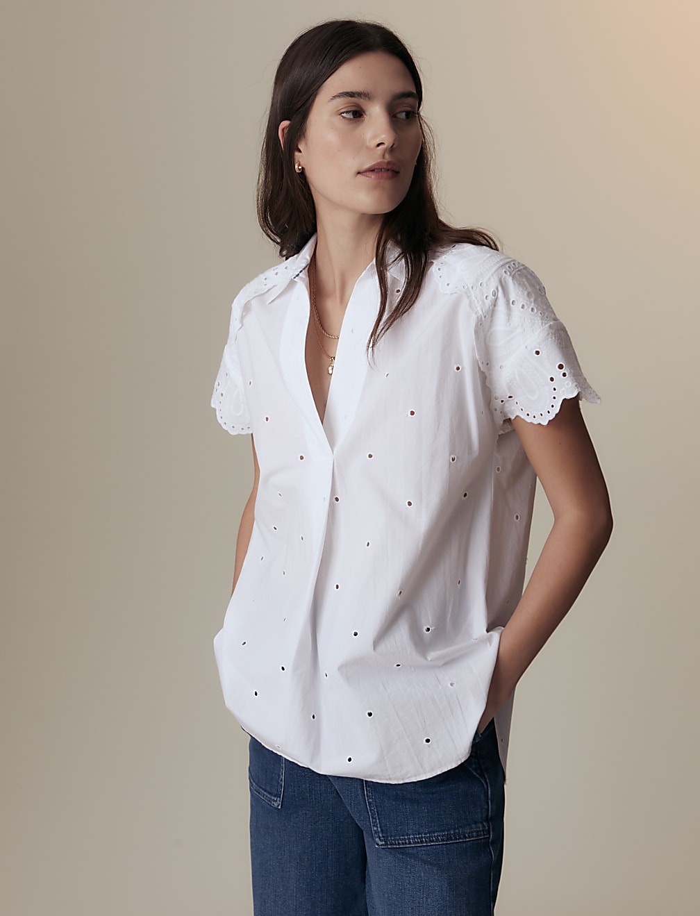 Pure Cotton Broderie Collared Blouse