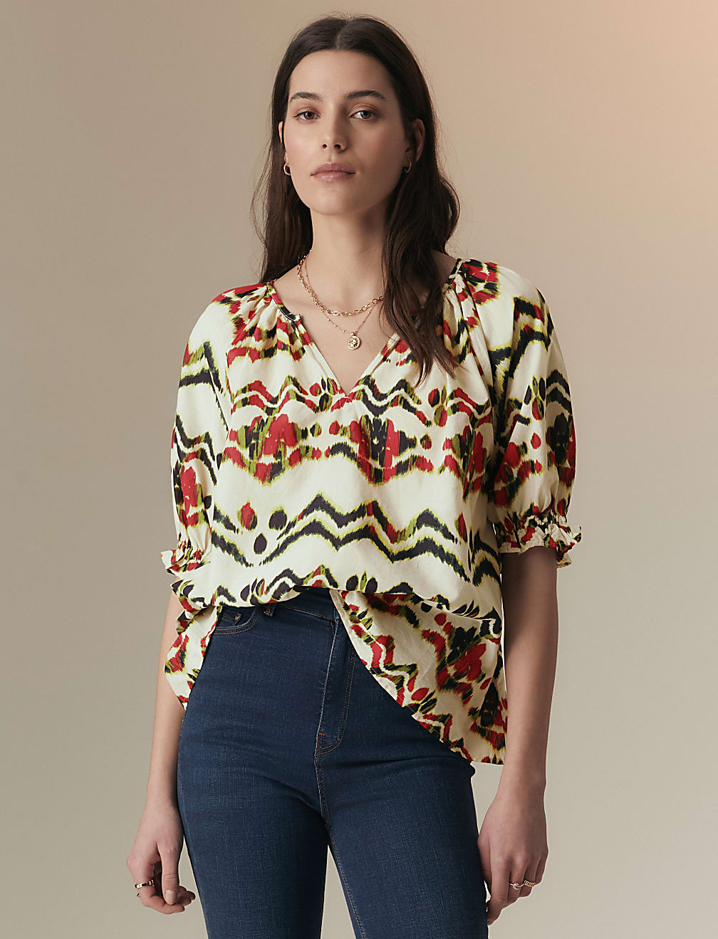 Pure Cotton Blouson Sleeve Relaxed Blouse