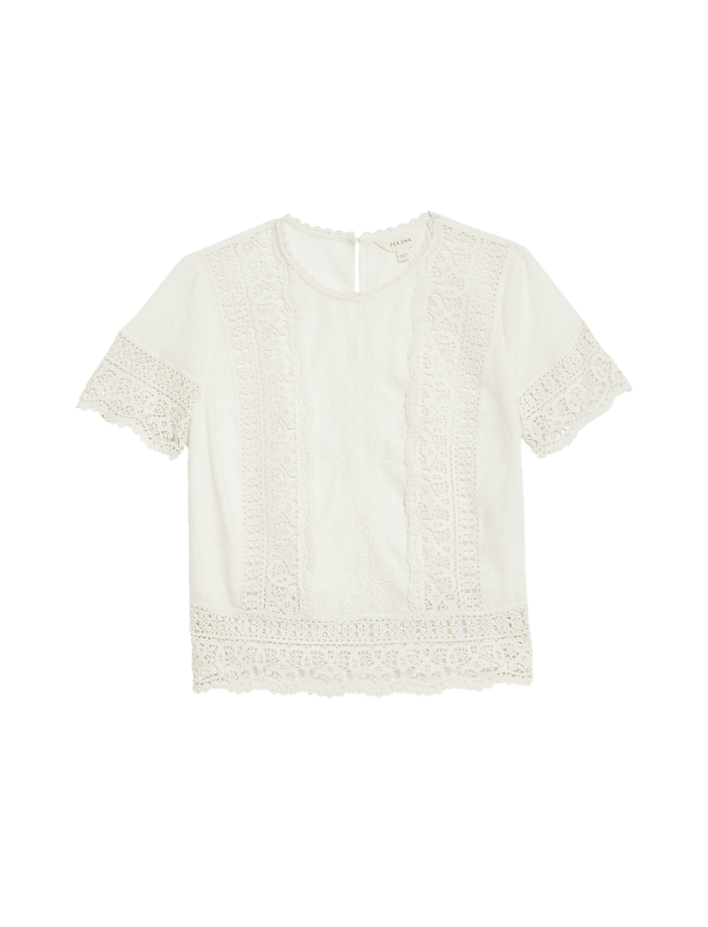 Linen Rich Embroidered Lace Detail Blouse