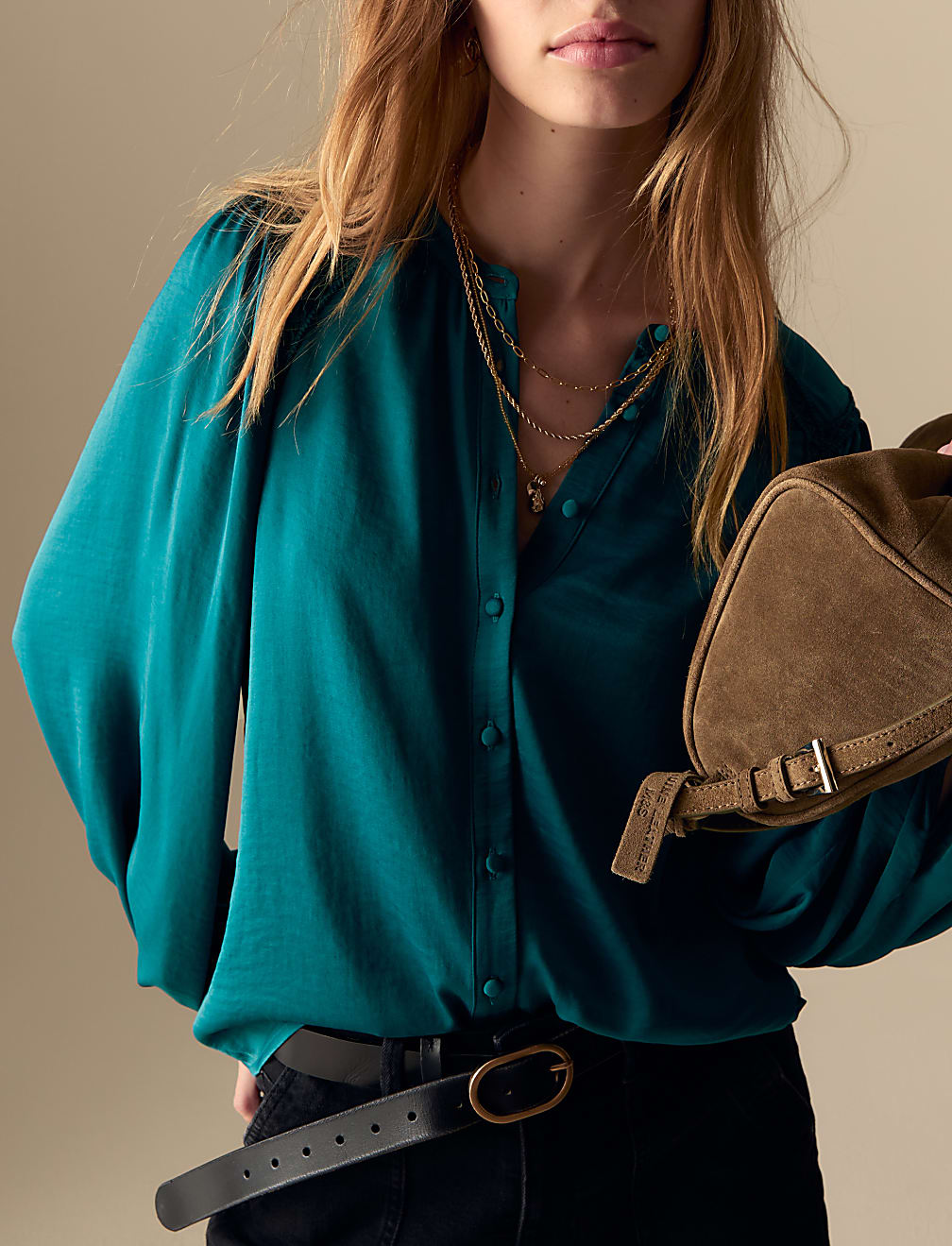 Satin Collarless Button Through Blouse