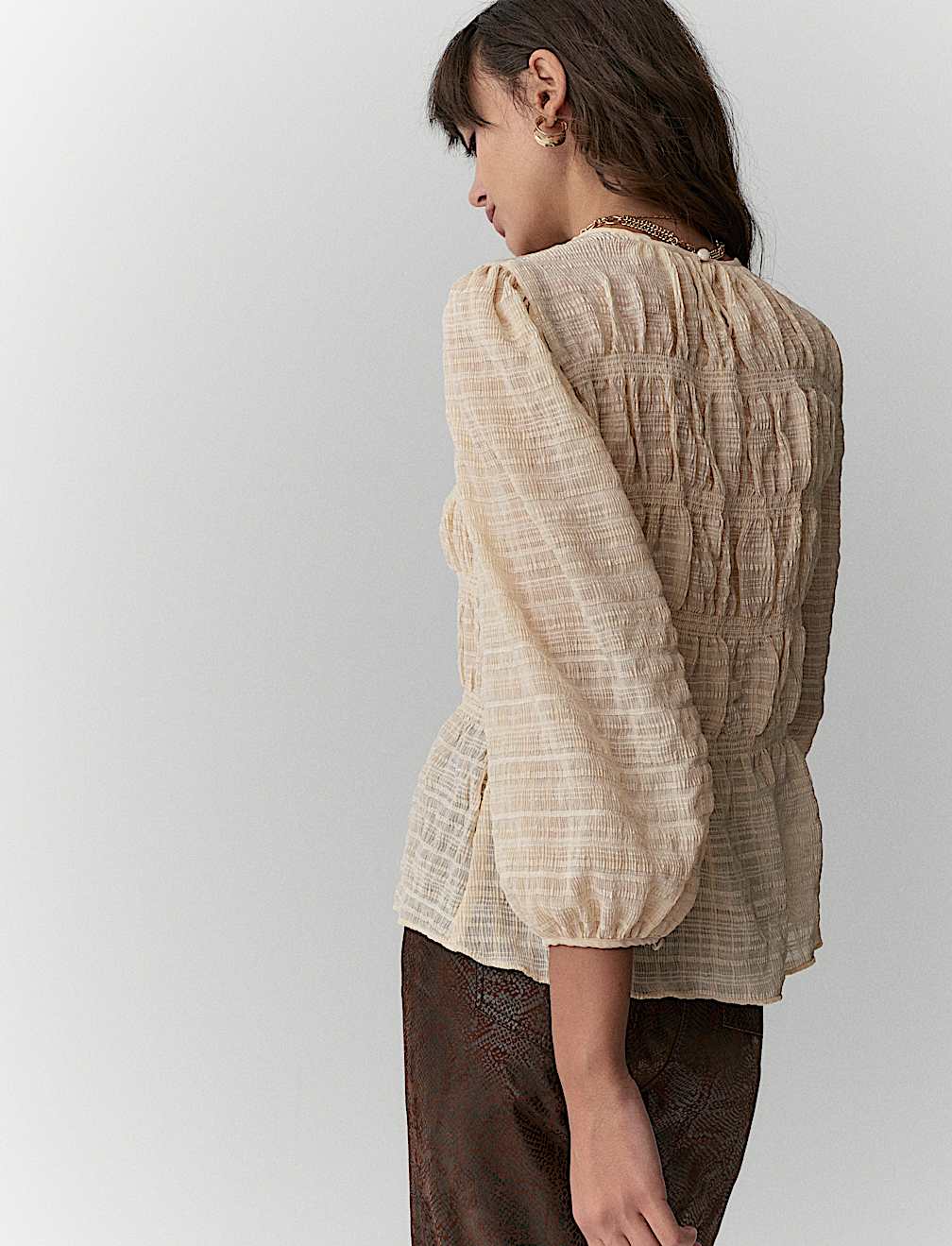 Crinkle Metallic Shirred Blouse