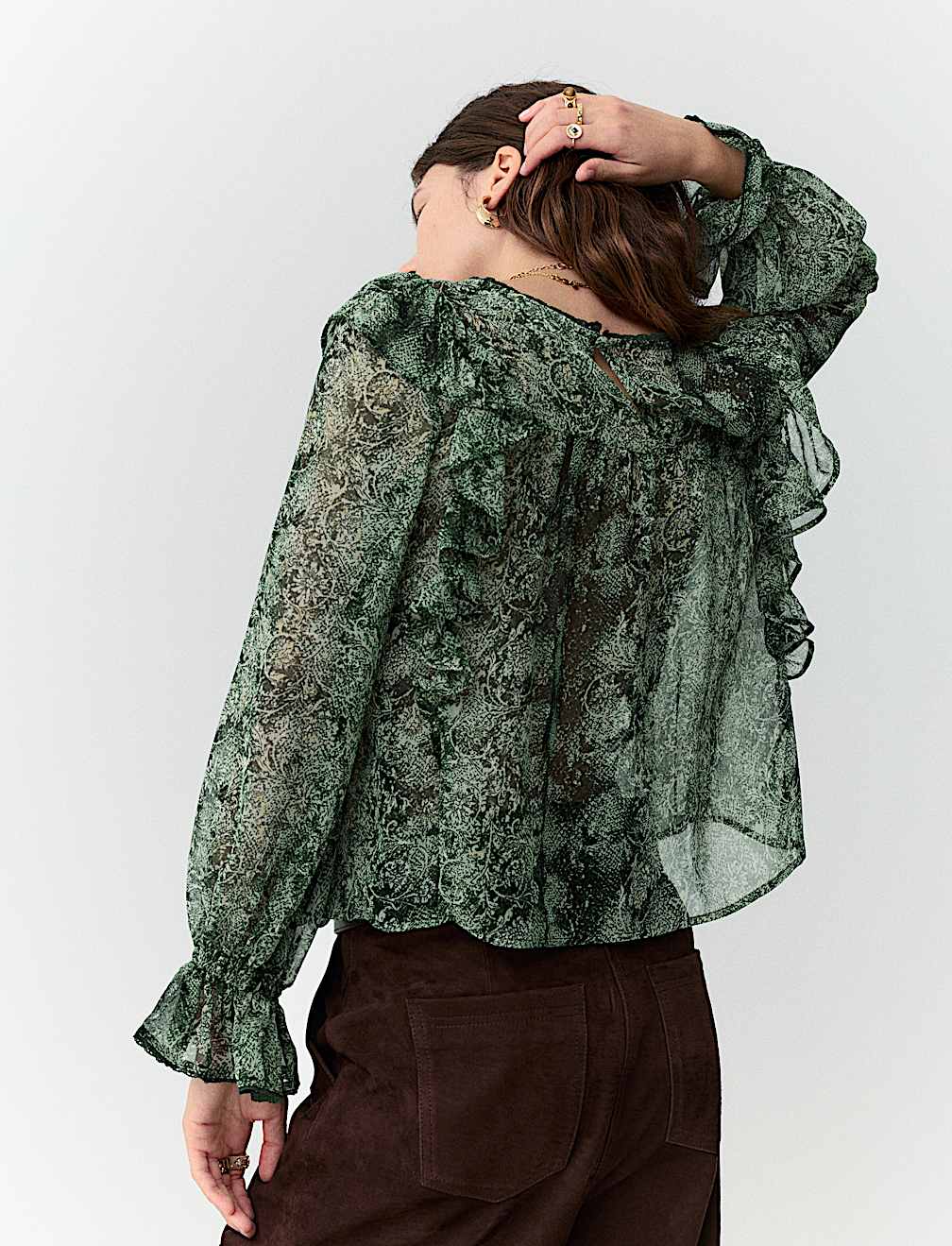 Sheer Printed Ruffle Blouse
