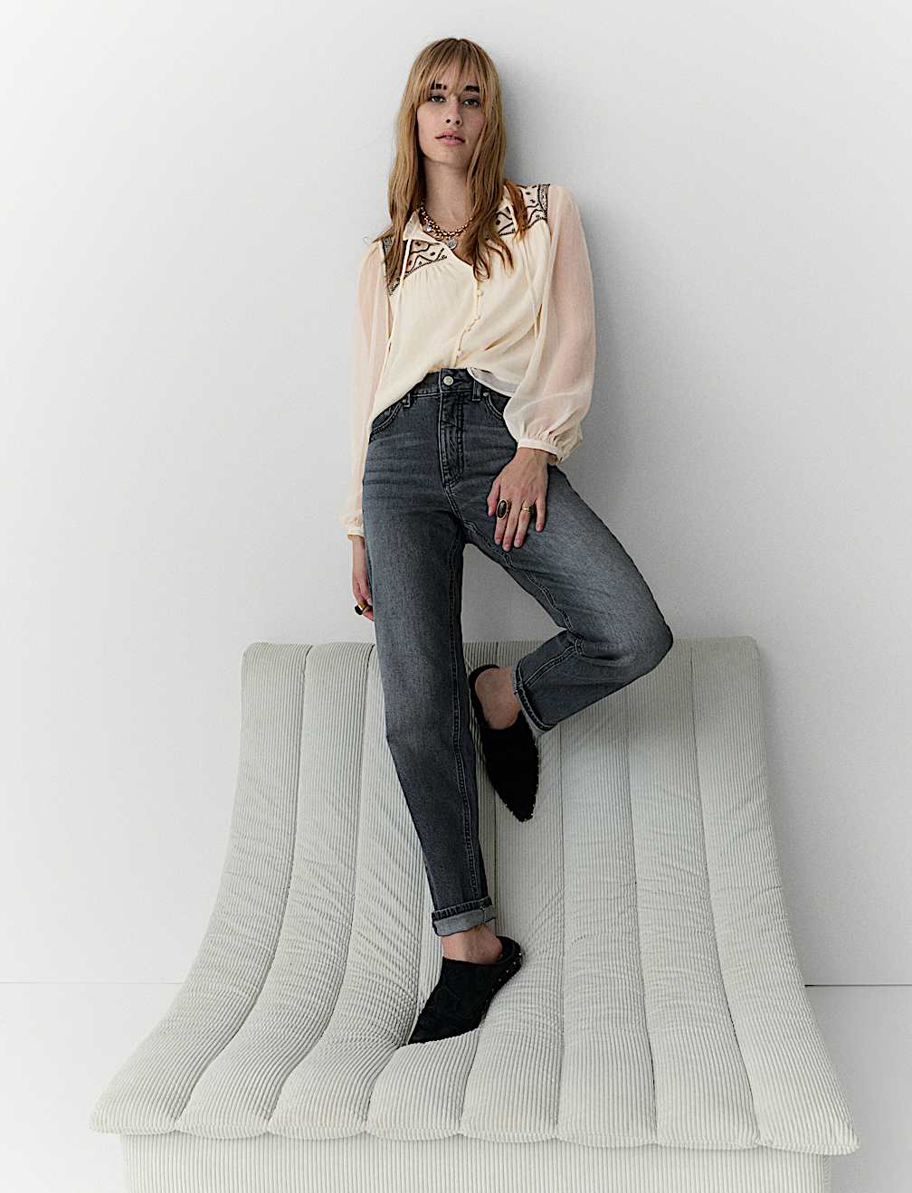 Beaded Yoke Tie Neck Blouson Sleeve Blouse