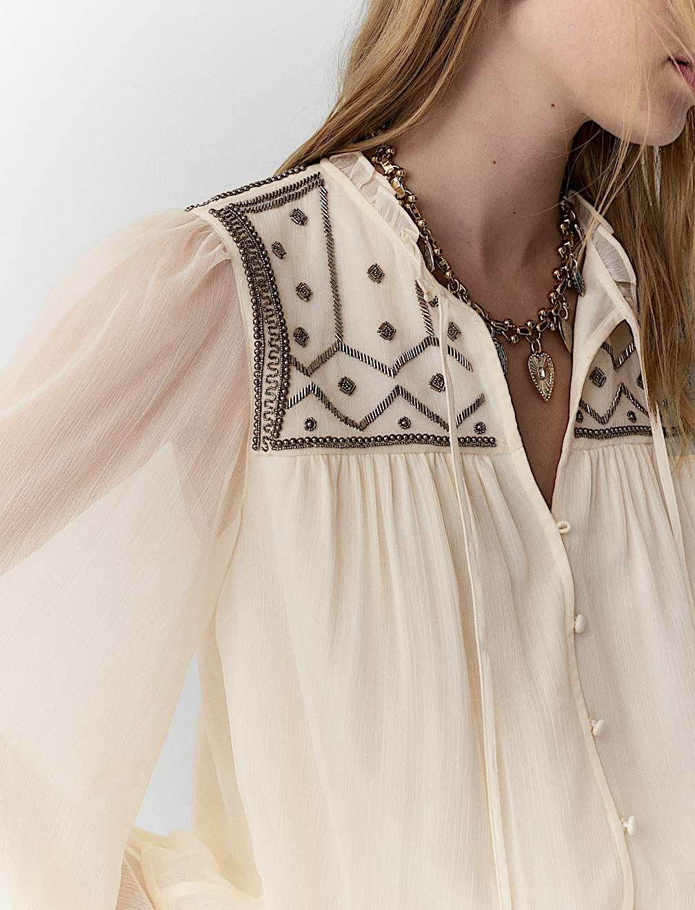 Beaded Yoke Tie Neck Blouson Sleeve Blouse