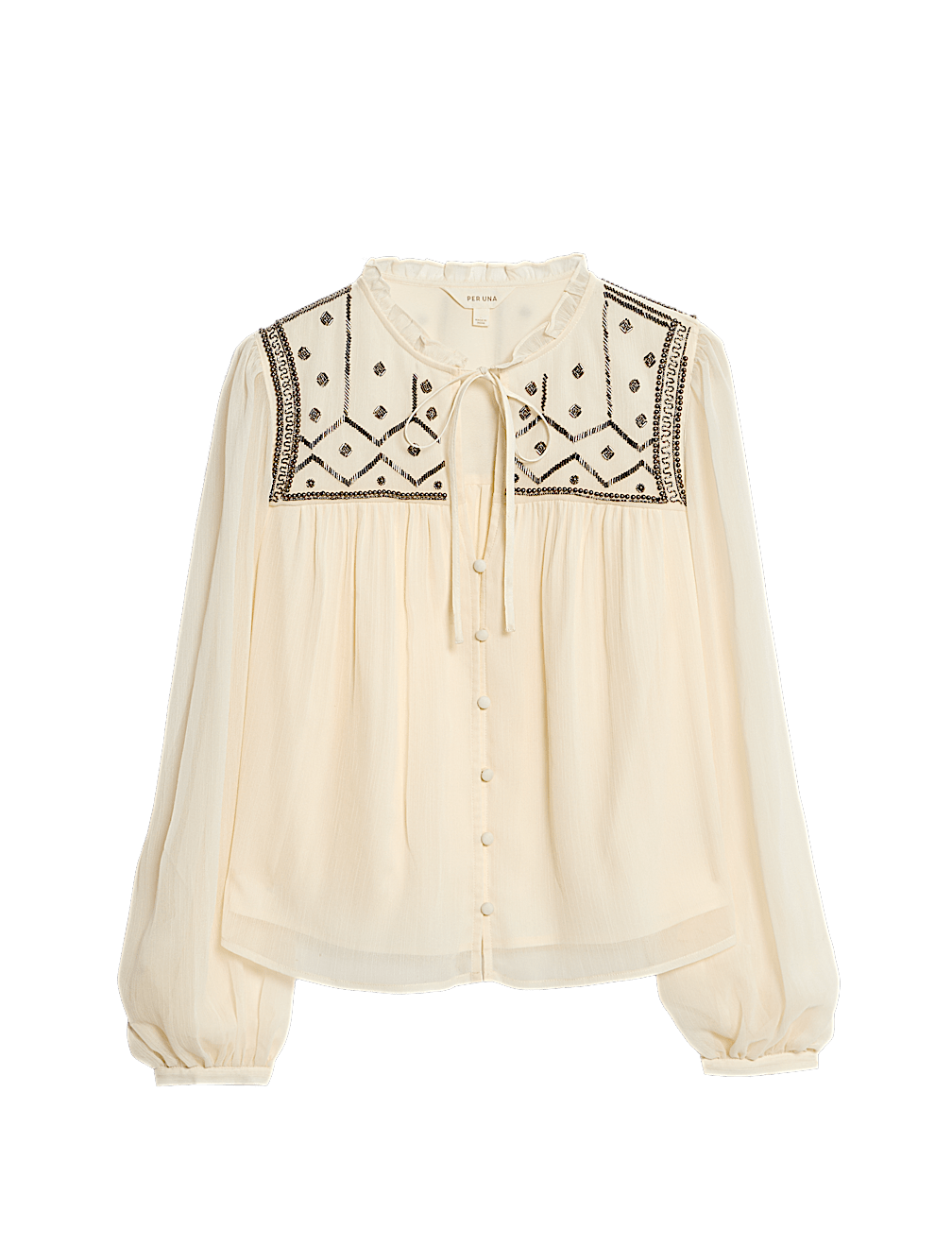 Beaded Yoke Tie Neck Blouson Sleeve Blouse