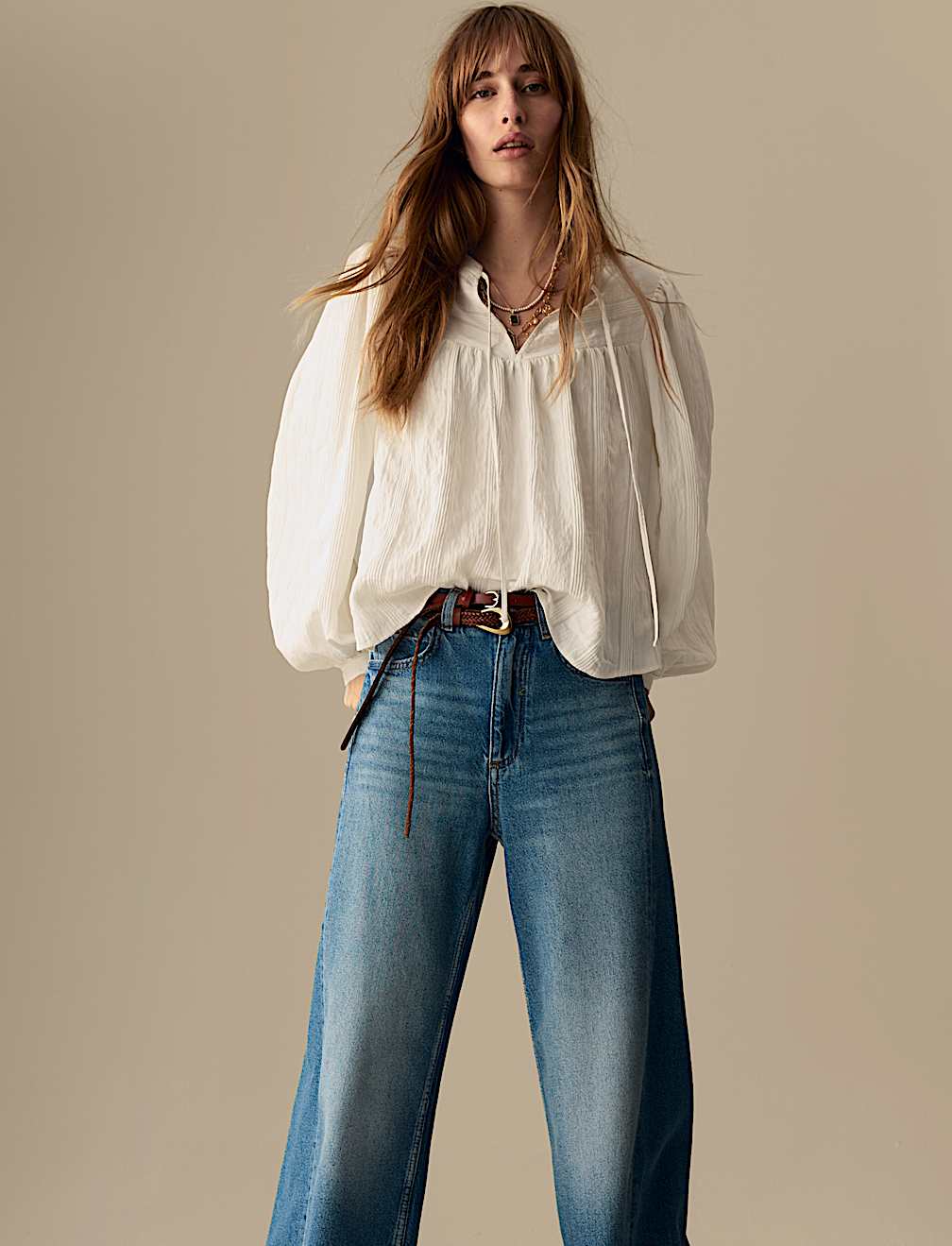 Textured Tie Neck Blouson Sleeve Blouse
