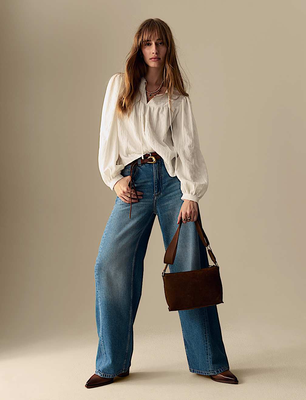 Textured Tie Neck Blouson Sleeve Blouse